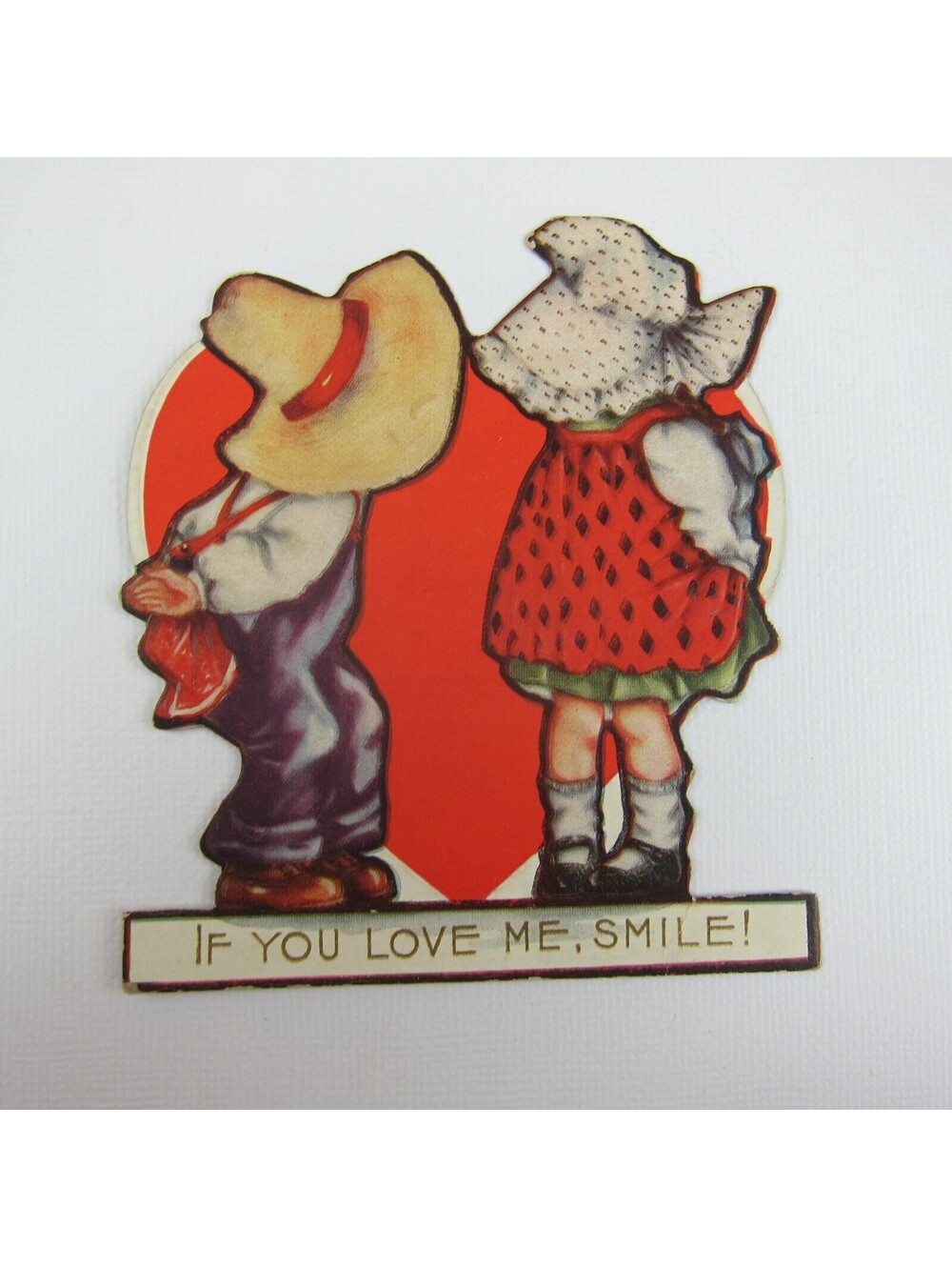 Vintage Valentine Card Die Cut Stand Up Boy Straw Hat & Girl Bonnet UNSIGNED